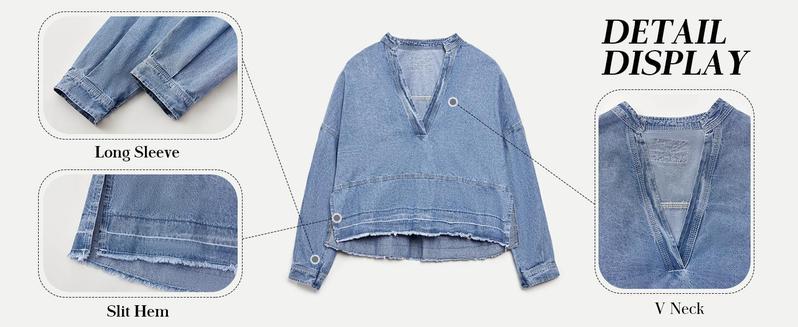 FMEYOA S~2XL Womenswear FallFreshness Denim Pullover Casual Comfort Button V Neck Blouse Loose Fit Tops Longsleeves Jean Jacket With Pocket FMEYOA S~2XL Womenswear FallFreshness Denim Pullover Casual Comfort Button V Neck Blouse Loose Fit Tops Longsleeves Jean Jacket With Pocket