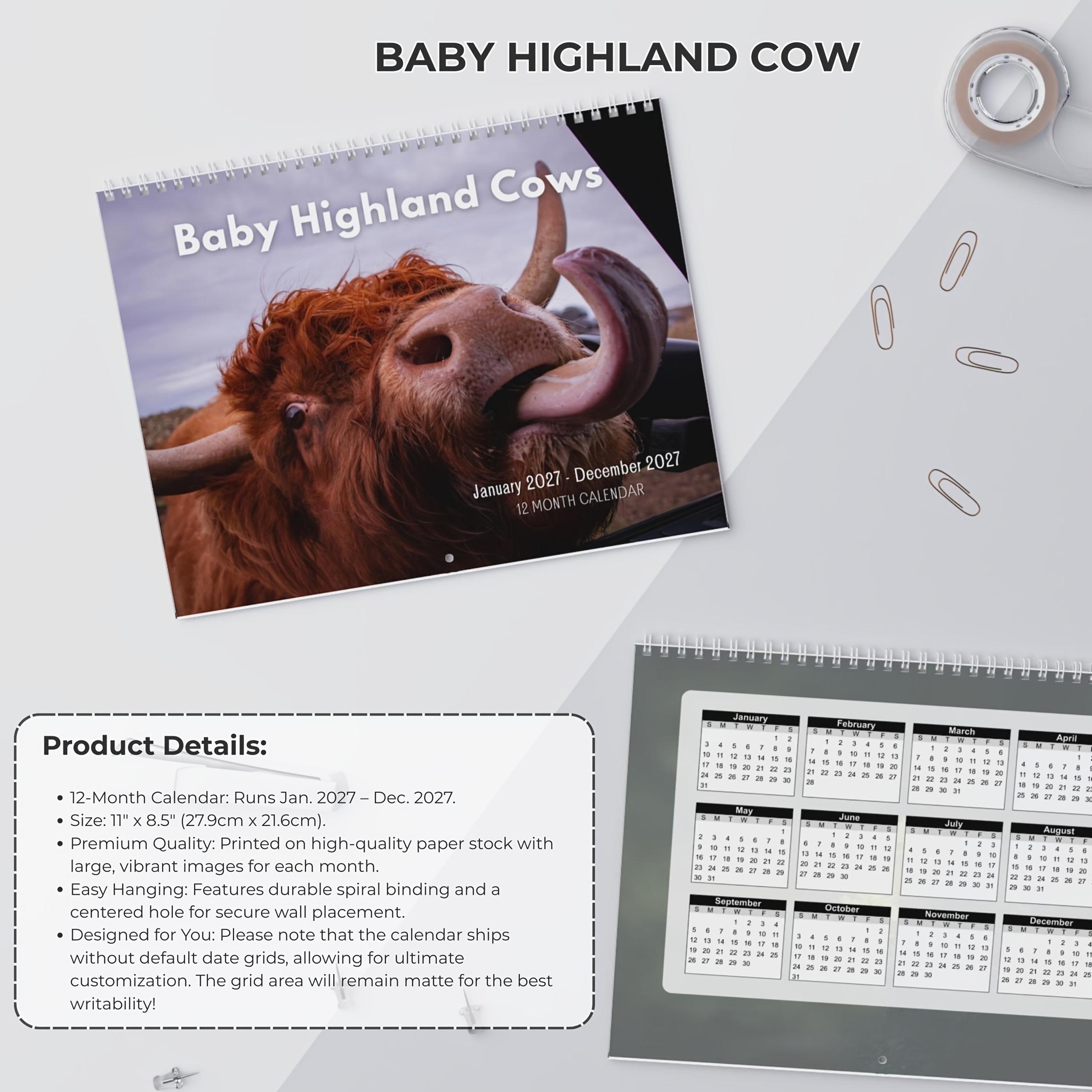 2027 Baby Highland Cows Wall Calendar, Cute Highland Cow Farm Animal Calendar, 12 Month Large Monthly Calendar, December, January, Rustic Farmhouse Gift