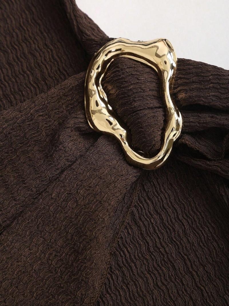 Women's stand-up collar, fitted waist, minimalist flared sleeves, metal buckle slim-fit midi dress, perfect for parties.