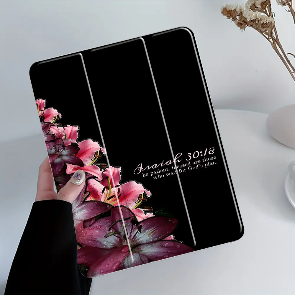 Protective case featuring a lily illustration on a black background; includes an adjustable stand and stylus holder, as well as a foldable, non-slip TPU cover; compatible with Samsung, iPad mini, iPad Air, iPad Pro, and iPad (10th/11th Gen) series.