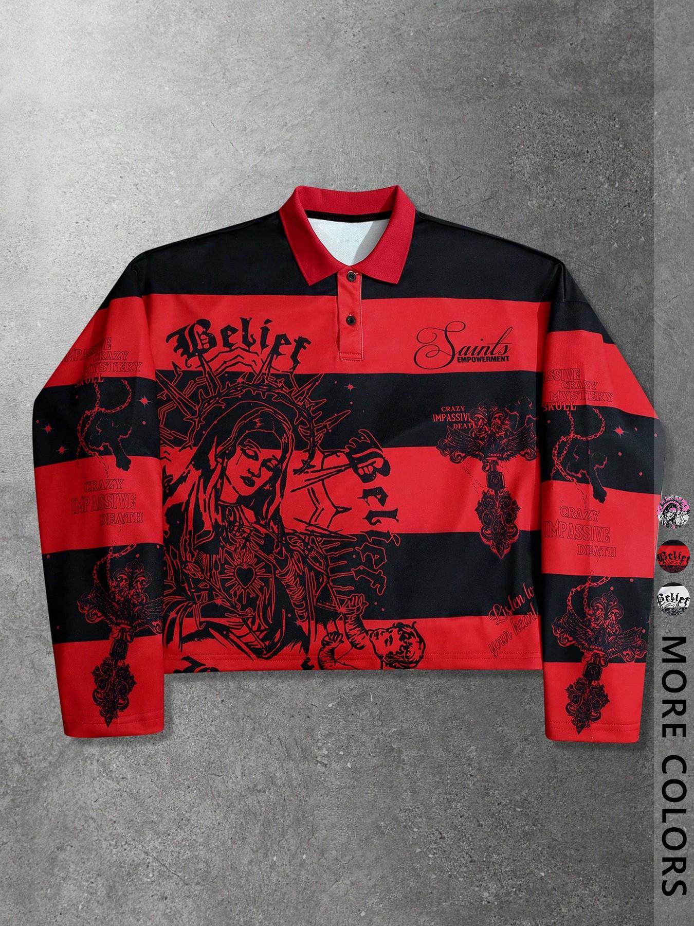 Unisex Y2K Style Virgin Mary & Saints Cross Print Striped Hoodie, Casual Streetwear, Couple, Trendy Pullover, Men's Gift