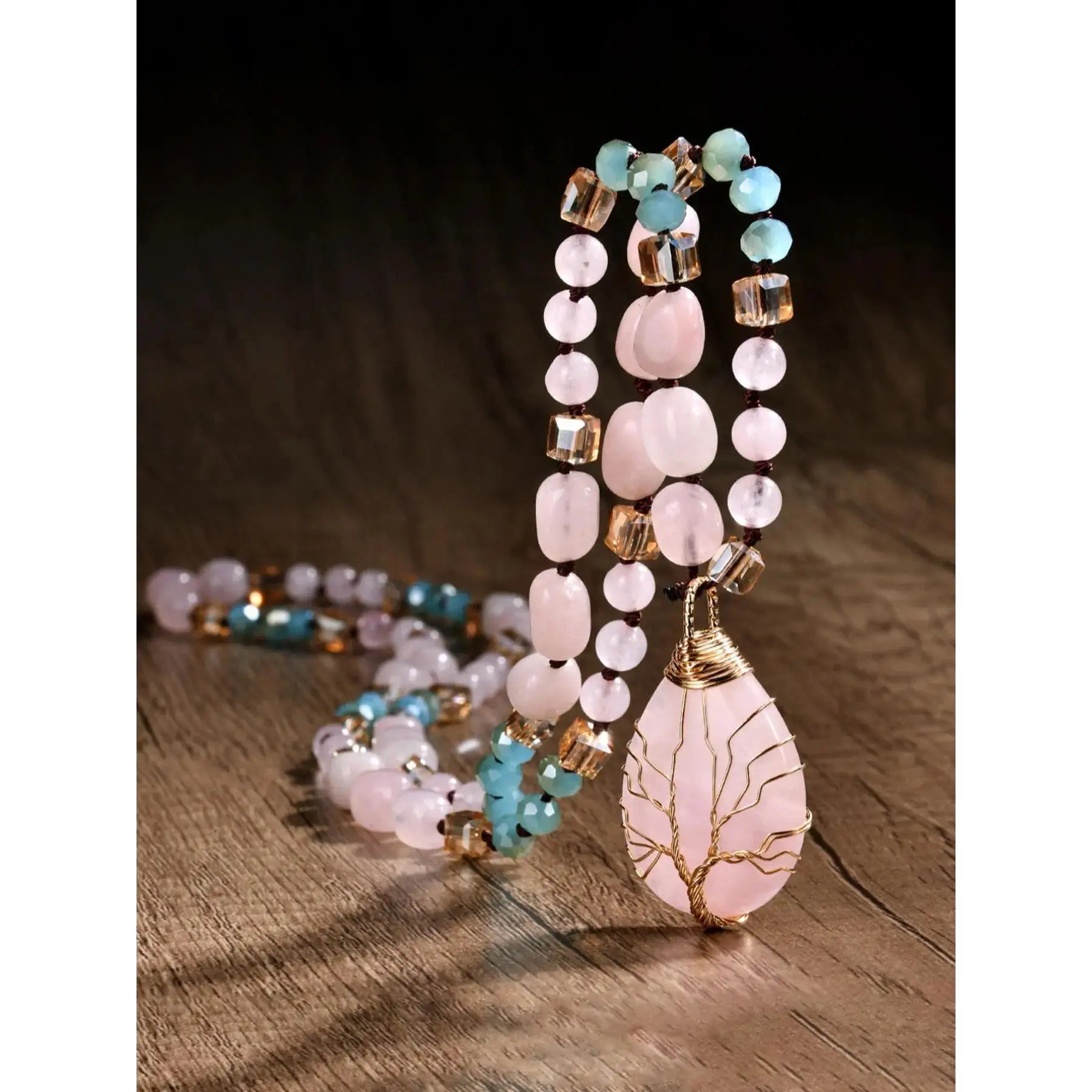 Tree of Life Wire Wrapped Pendant Necklace with Faux Rose Quartz Artificial Crystal Beaded Chain - Boho Spiritual Fairycore Exquisite Statement Piece, Everyday Wear Birthday Gift for Fashion Accessories Enthusiasts