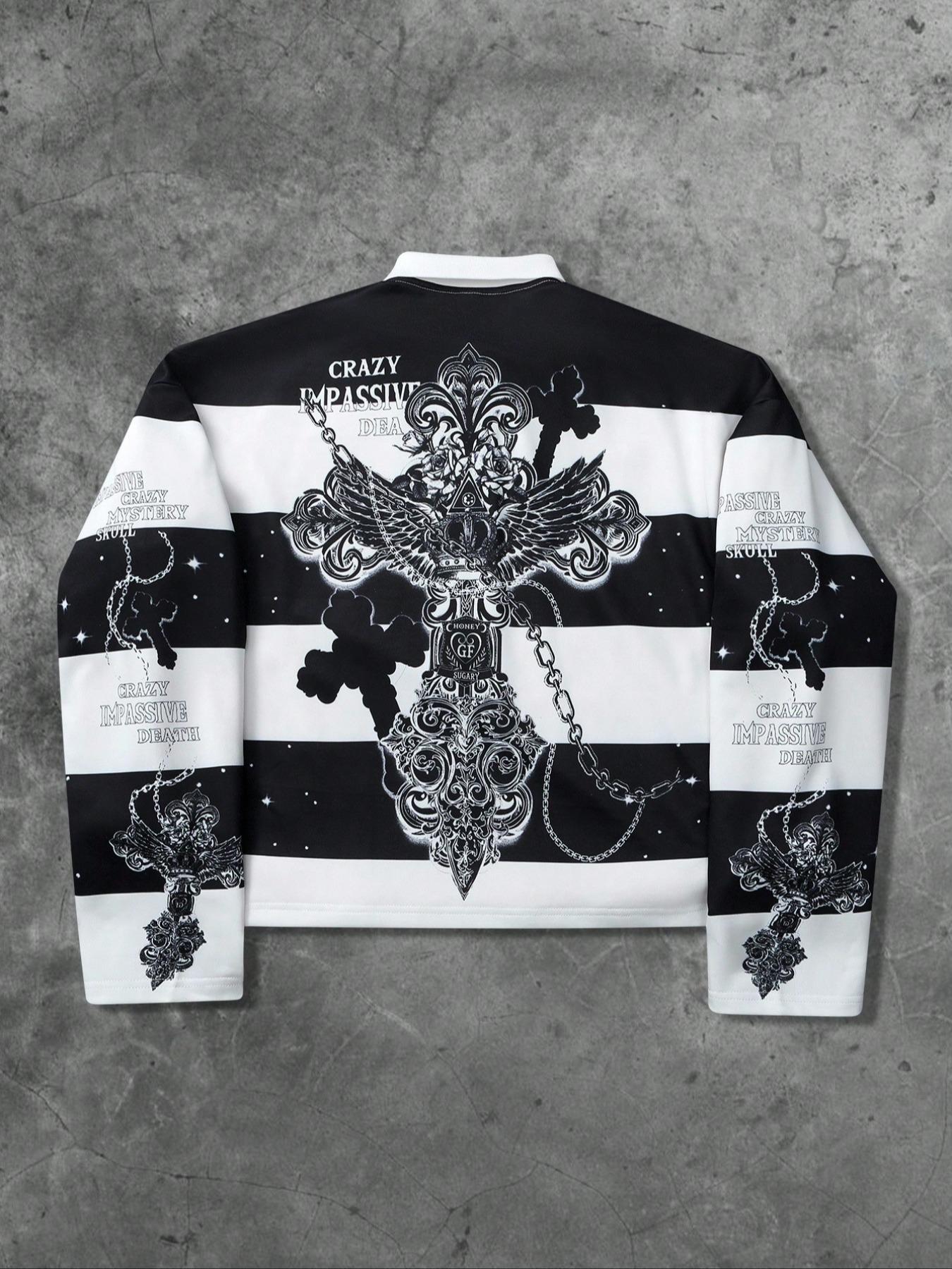 Unisex Y2K Style Virgin Mary & Saints Cross Print Striped Hoodie, Casual Streetwear, Couple, Trendy Pullover, Men's Gift