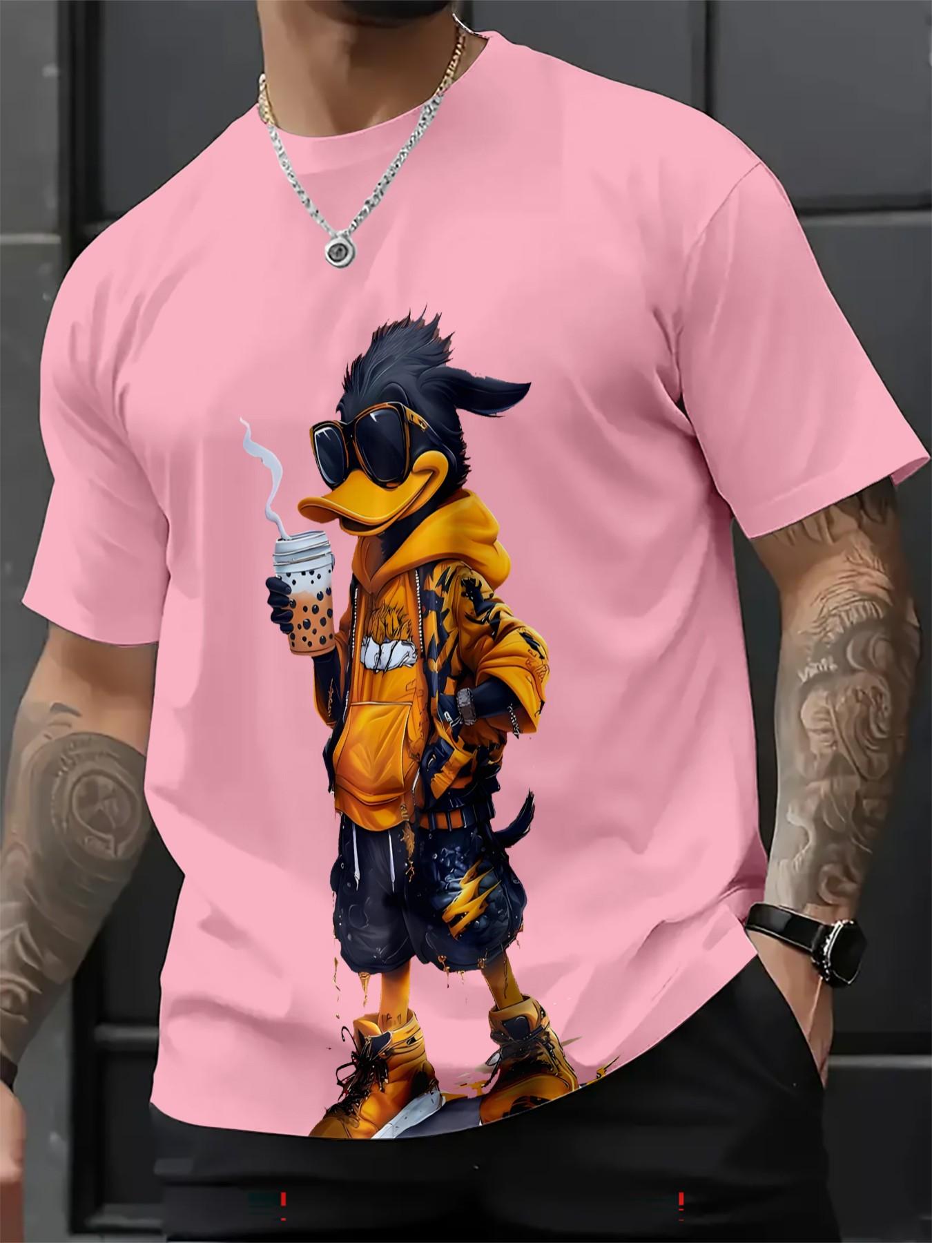 Men's 3D Cartoon Print Round Neck Short Sleeve Casual T-Shirt, Fitted All over Print, Long Clothing, All Seasons Wear