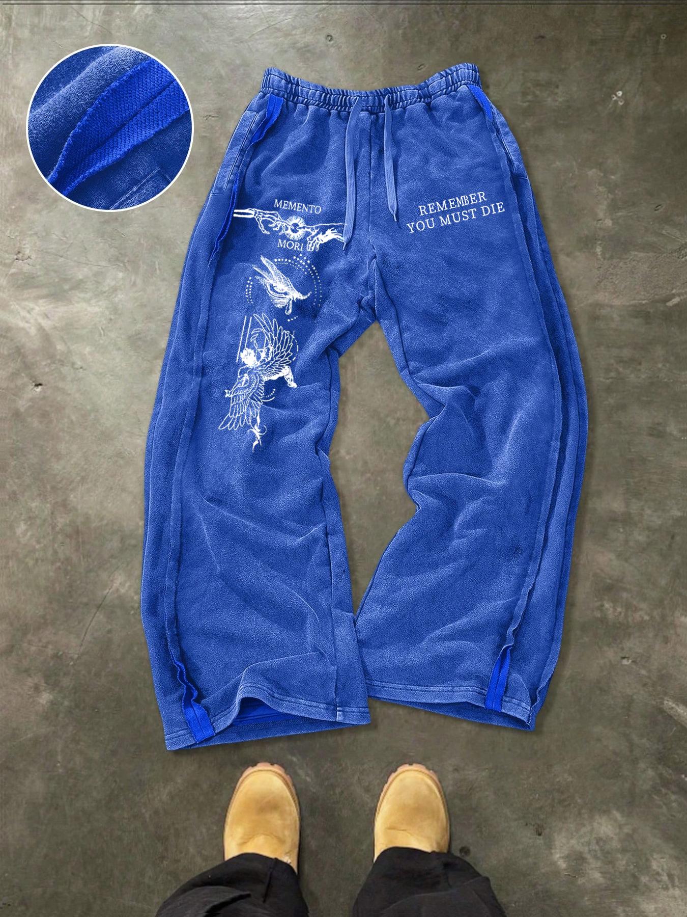 Men's Absorbent Cotton Straight Leg Pants, Menento Mori Graphic Letter Print, Casual Fitted H-Type, Elastic Waist, Fall & Winter