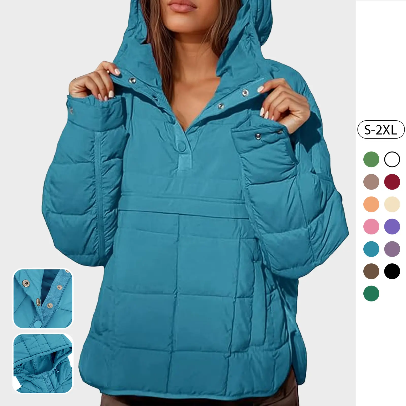 Tankaneo Womens Oversized Puffer Jacket Quilted Hoodies Pullover Warm Coat | Winter Coat Tops, Dolman, Lightweight, Packable, Long Batwing Sleeve, Funnel Collar, Loose Fit