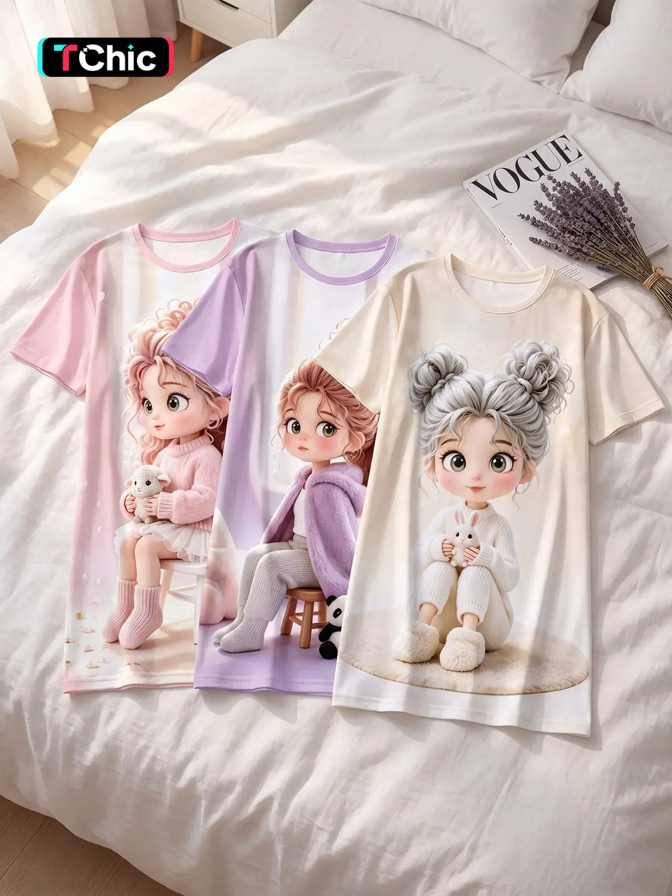 3 Pack Women’s Short Sleeve Crew Neck Sleep Dress, All Season Wear, Macaron Aesthetic Raglan Print, Sheep Panda Rabbit Cartoon Nightgown for Lounging, Selfies & Daily Naps