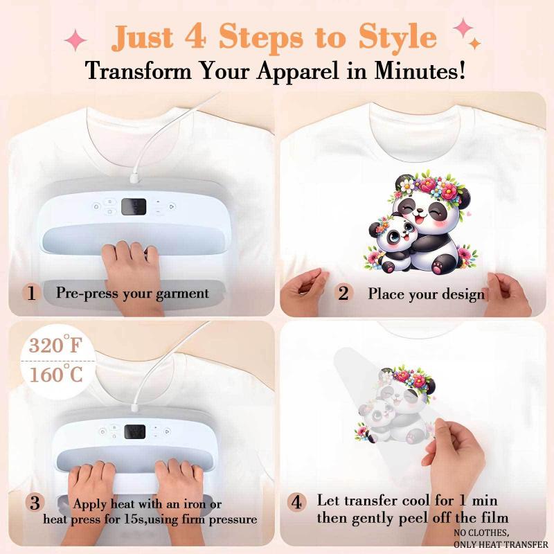 6 Sheets  Panda & Panda Mom DTF Iron On Transfers - Washable Plastic Vinyl Heat Press Sheets Suitable for T-Shirts, Hoodies, Jeans, Backpacks, Pillows - Machine Washable DIY Fabric Transfers for Men & Women