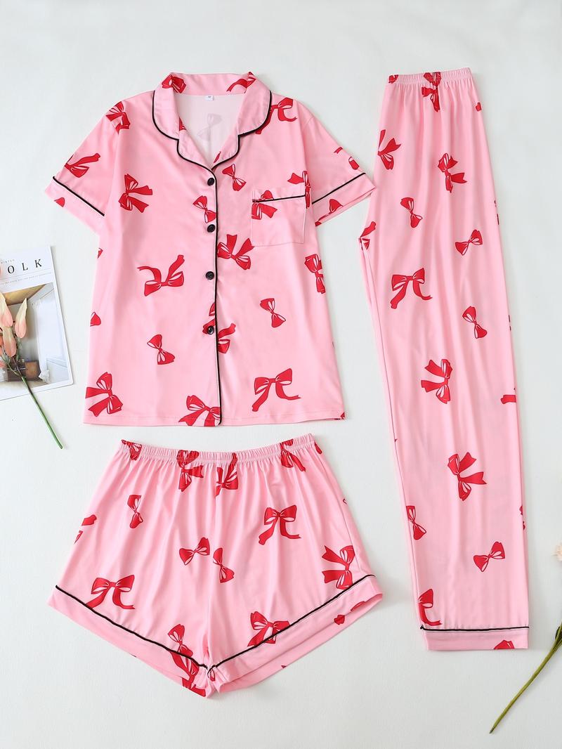 Three-piece Set Women's Bowknot & Heart Print Pajama Set, Cute Comfy Short Sleeve Tee & Elastic Waist Trousers & Shorts Pj Set, Ladies Sleepwear for All Seasons, Casual Sleepwear Set