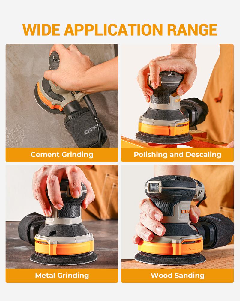 DEKOPRO Random Orbital Electric Sander with 16 Sandpapers, 14000RPM, 5-Inch, High Performance Dust Collection - For Woodworking