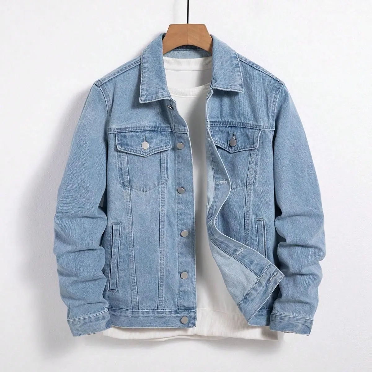 Men's Basic Plain Denim Trucker Coat - Menswear, Light Blue Washed, Button-Front, Dual Chest Flap Pockets, Side Pockets, Longsleeves, Casual Layer for Streetwear, Weekend Outfits