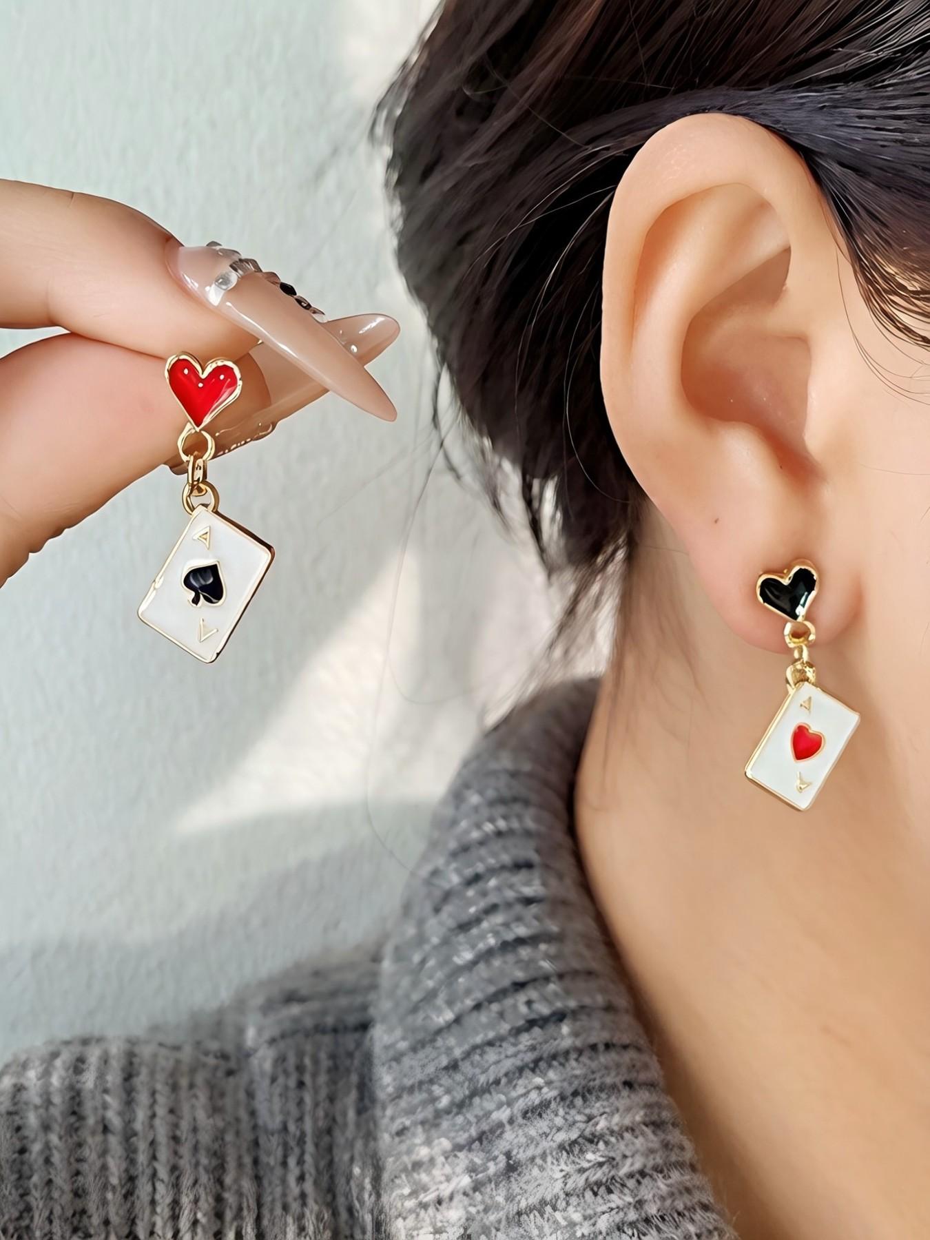 Heart Poker Card Pendant Earrings, Asymmetric Poker Card Drop Earrings, Unique Women's Party Jewelry, Fashionable Ear Studs