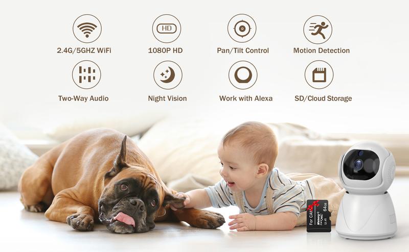 Smart Home Security Camera with SD Card, 2.4/5GHz Indoor 2.5K HD Pan/Tilt WiFi Camera Works with Alexa/Motion Detection/2-Way Audio/Night Vision/Pet