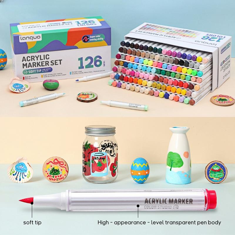 Acrylic Marker Pen Set, 126/72/54/36 Colors Soft Brush Acrylic Markers Set, Waterproof Pen, Soft Brush Nib for Glass Stone Metal Wood Plastic Paper, Acrylic Paint Pens