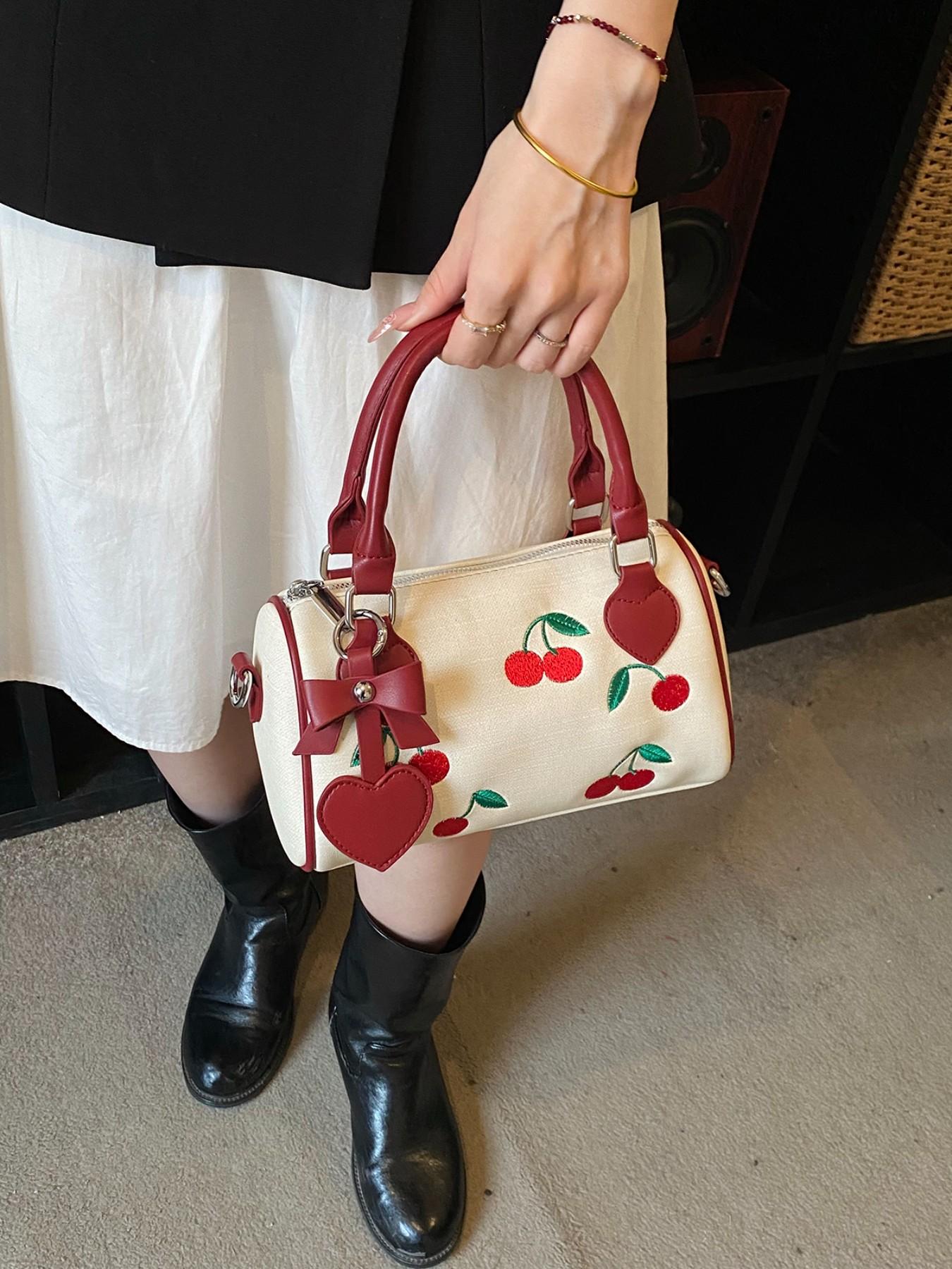 Sweet Cherry Boston Bag for Women, 2026 New Handbag, Cute Pillow Bag, Fashion Commute, Heart Charm, Full Cherry Print, PU Material