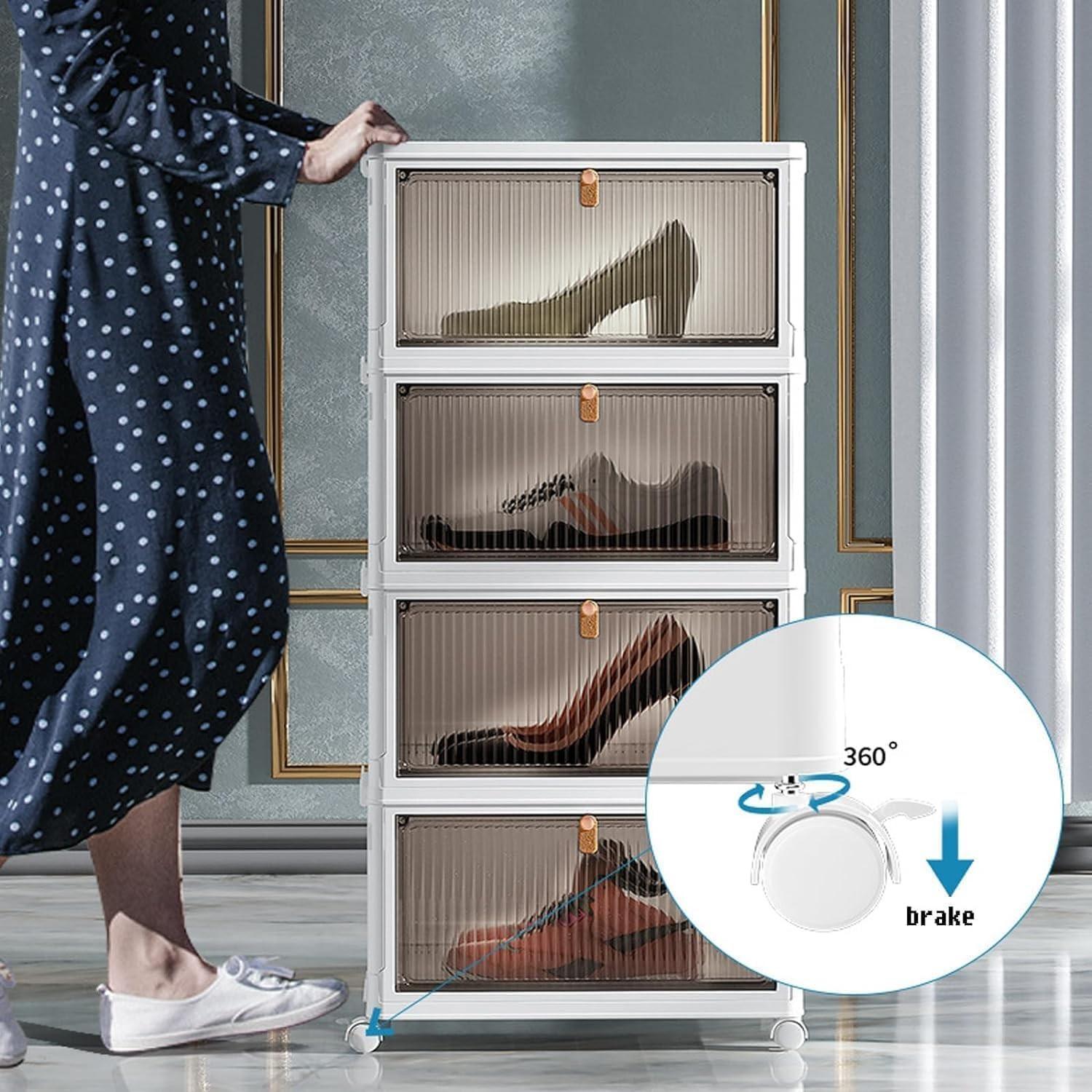 Stackable Plastic Durable Storage Cabinet, Foldable Shoe Rack Rolling Wardrobe Organizer Box with Cover and Locking Wheels, Home Living Room Office Dorm (3 Layers)