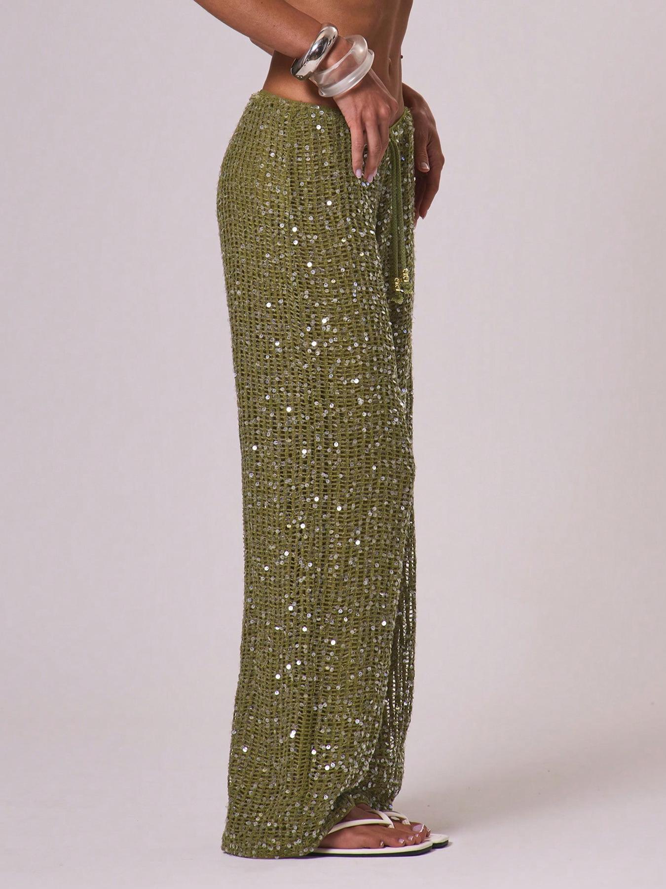 Women's Bohemian Style Beach Pants, Elegant Summer Sequined Long Trousers, Fashionable Holiday Wear, Ladies' Casual