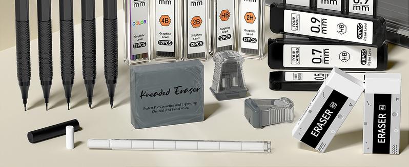 Four Candies Back to School  5PCS Metal Mechanical Pencil Set,  3PCS Art Drafting Pencils 0.5, 0.7, 0.9MM & 2PCS 2MM Mechanical Drawing Pencils with 420PCS Leads (4B 2B HB 2H Color) for Writing Sketching Drawing