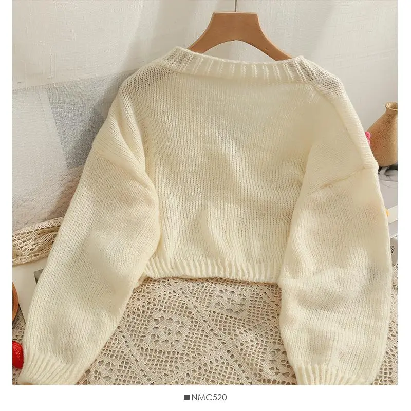 Appliqué Flowers Cardigan Women Fall Winter Cropped V-neck Button-up Knitted Sweater Jacket Fairycore Shrunken Cardigan