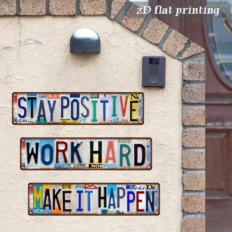 3PCS Retro Plate Letter Art Metal Sign "Stay Positive" "Work Hard" "Make It Happen" Long Strip Motivational Wall Decor Street Sign for Home Office Gym Garage