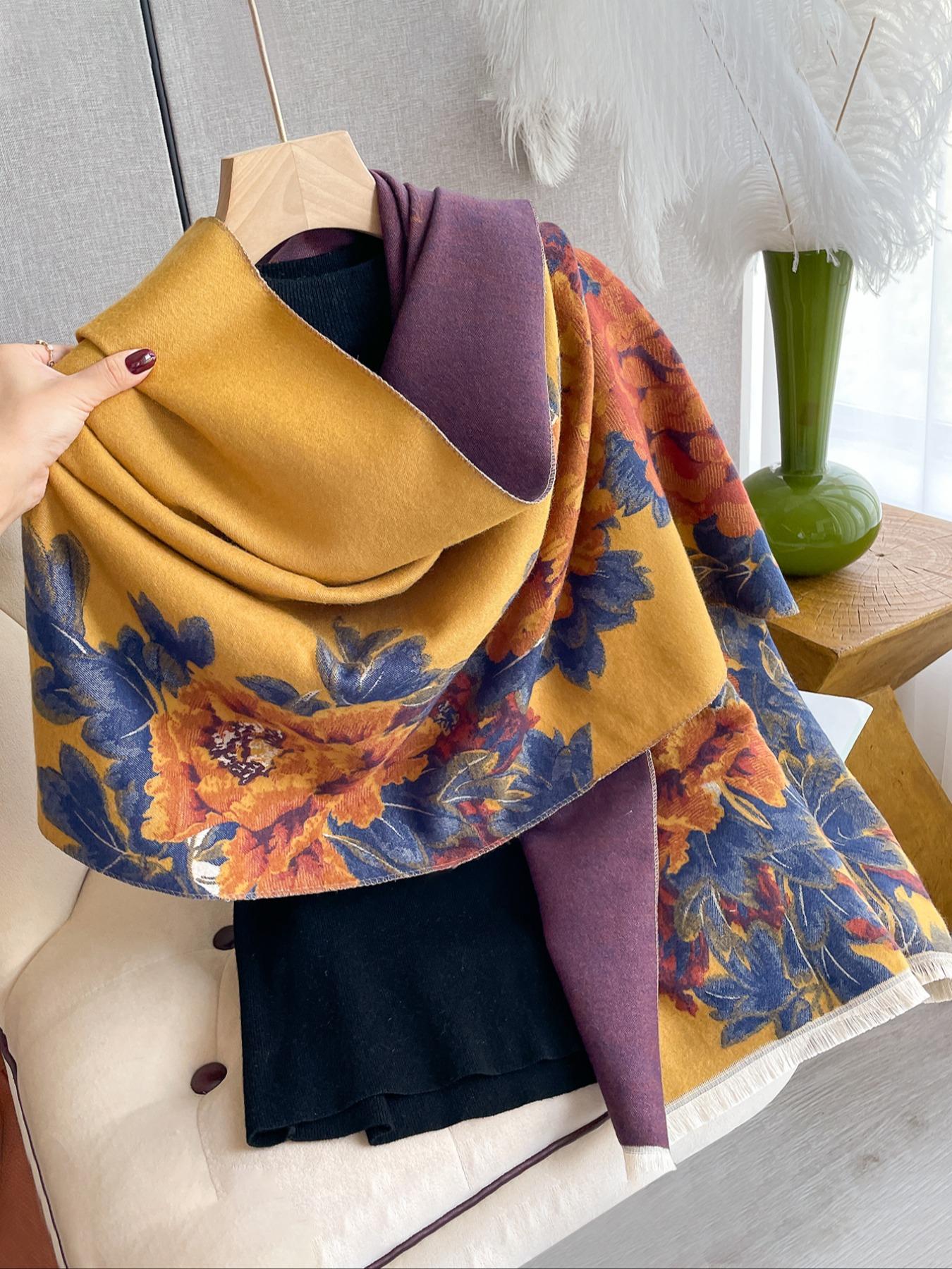 Women's Fashion Scarf, Floral Jacquard Shawl, Warm Thick Woven Fabric, Elegant Fitted Design, Perfect for Fall & Winter Wear