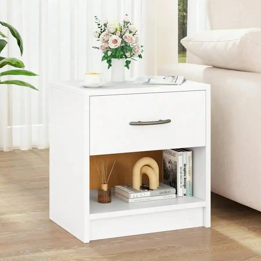 Modern Rectangular Nightstand Bedside Table - With Drawer, Open Shelf, Open Storage - For Small Spaces - Available in Light Gray, Oak&White, Natural&White, Natural, White, Dark Gray - Mobile Gaming Standing Desk with Wheels, Marble Console Dining Table