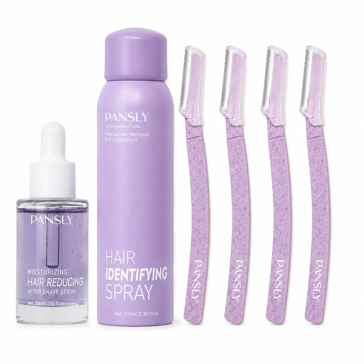 PANSLY 6-Piece At-Home Dermaplaning Kit with 100ml Hair-Identifying Spray, 4 Precision Facial Razors and 30ml Moisturizing Post-Shave Serum for Face and Body Grooming