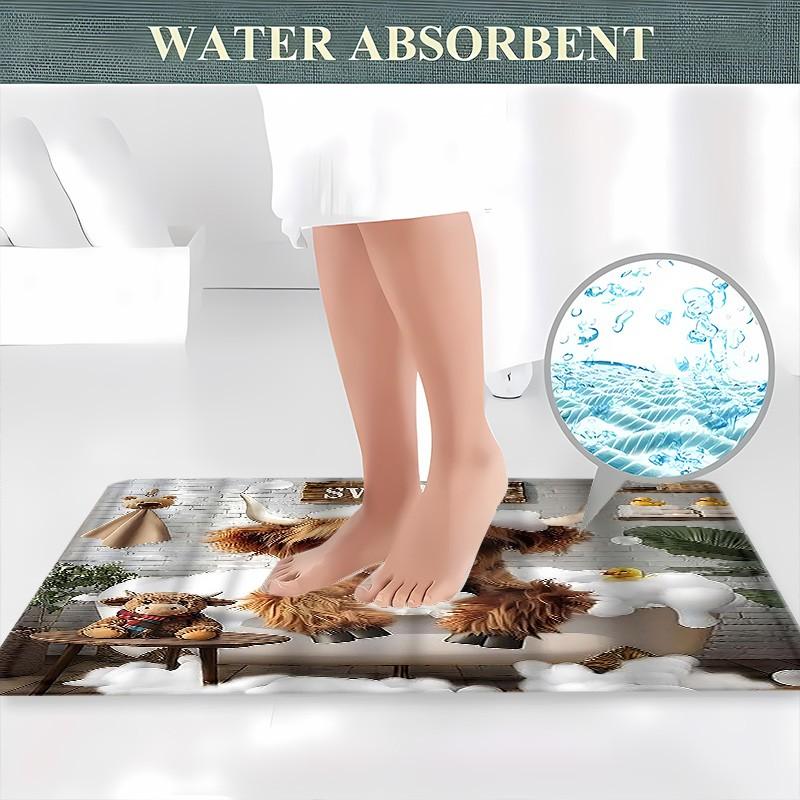 Cute Highland Cow Bubble Bath Bathroom Set, 4-Piece Shower Curtain Set, Home Bathroom Decor, Includes Mat, Toilet Cover, U-Shaped Pad