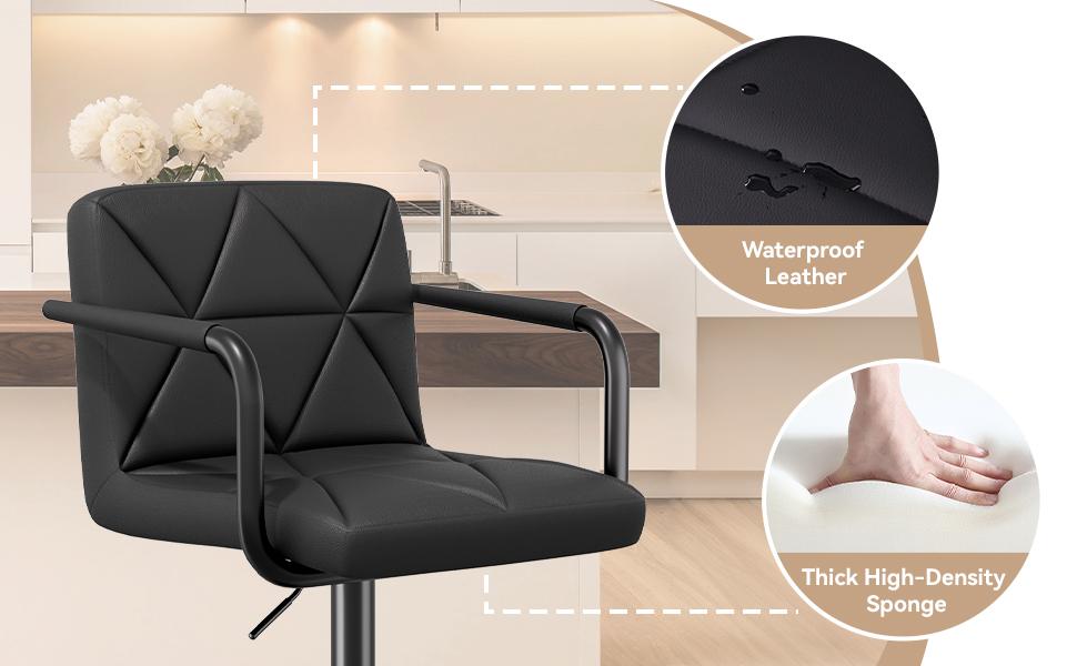 Modern Bar Stools Set of 2 Upholstered Faux Leather Barstools with Back and Arms Height Adjustable Bar Chairs Waterproof Counter Barstools for Kitchen Bar Dinning Room, Black