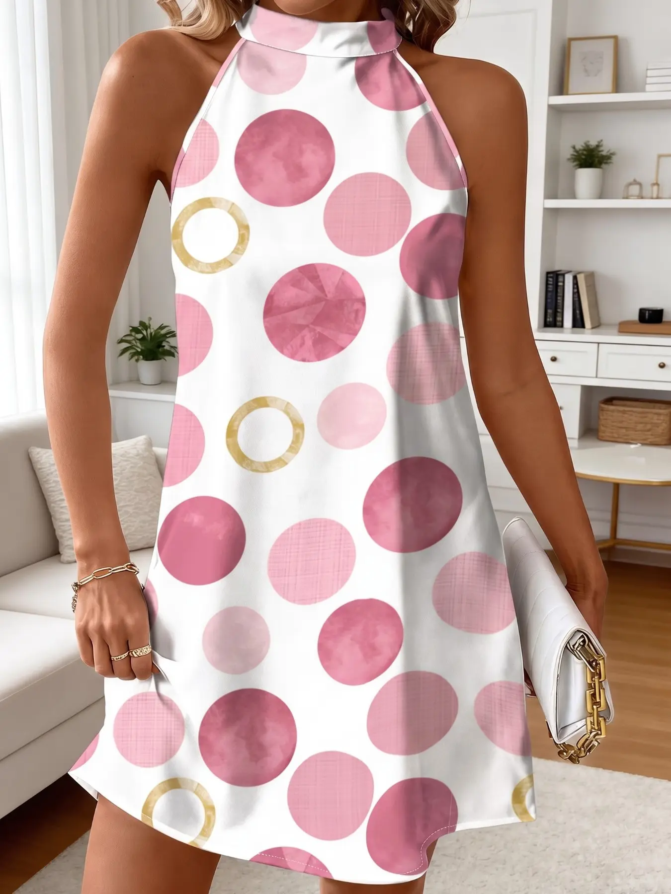 New Summer Women's Halter Backless Dress, Polka Dot Print, Sleeveless, Knee-Length, Loose A-Line, Holiday Style, Fashionable & Comfortable