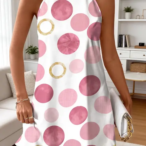New Summer Women's Halter Dress, Polka Dot Print, Back Tie, Loose A-Line, Knee-Length, Sleeveless, Holiday Style, Unlined, Fashion Sundress