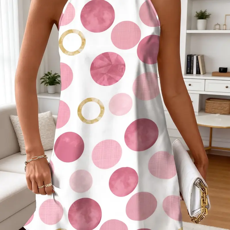 New Summer Women's Halter Dress, Polka Dot Print, Back Tie, Loose A-Line, Knee-Length, Sleeveless, Holiday Style, Unlined, Fashion Sundress