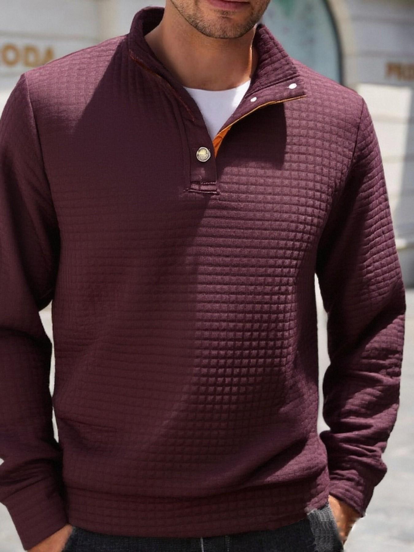 Men's Textured Mesh Knit Quarter-Zip Sportswear, Casual Henry Top with Snap Buttons, Comfortable and Stylish Men's Apparel