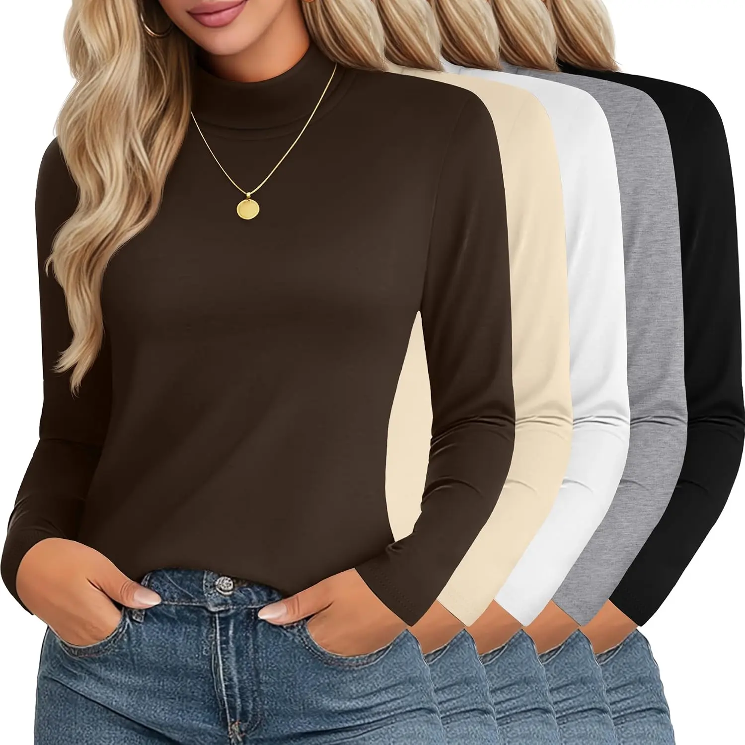 Women's 5-Pack Chic Cotton Turtleneck Thermal Long-Sleeve Tops - Breathable Outdoor Fabric Warm Winter Casual Baselayer Shirts