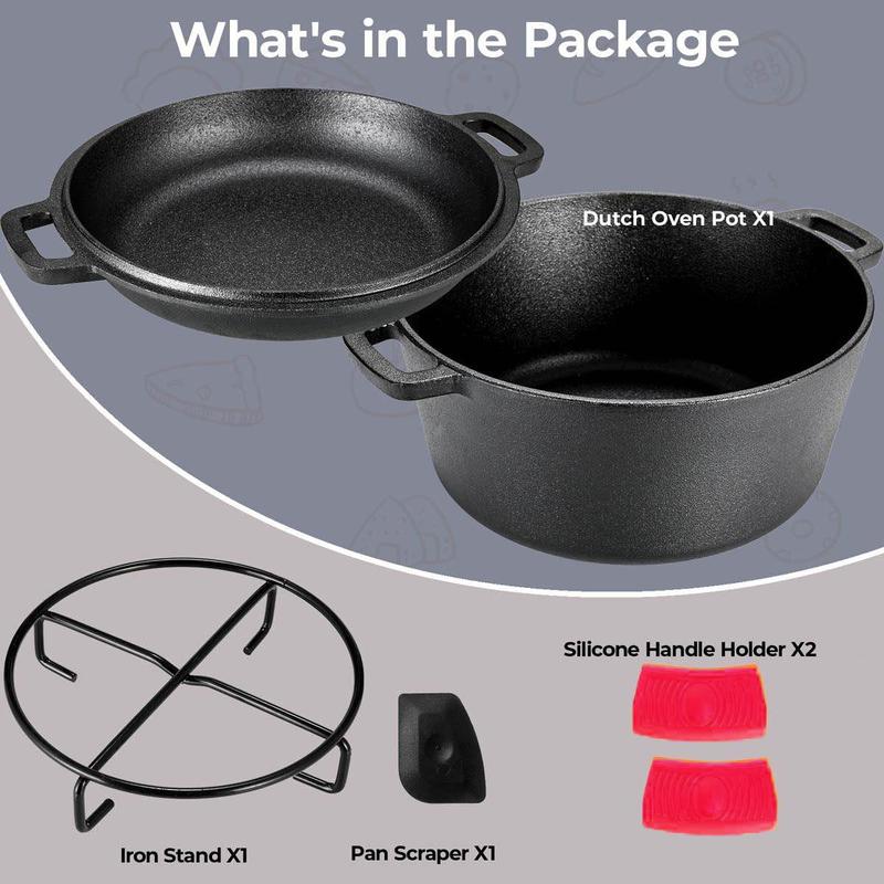 Cast Iron Dutch Oven Pot with Lid, Pot (5.1/6.7QT) And Lid As A Skillet (1.9/2.5QT) - Dutch Oven Cast Iron with Silicone Holders, Iron Stand, for Oven, Stove, Grill, Campfire, Mother's Day And Father's Day Gifts, Thanksgiving Day And Christmas Gifts