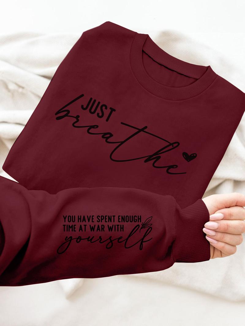 Women's Letter & Heart Print Pullover Sweatshirt, Casual Long Sleeve Crew Neck Sweatshirt for Fall & Winter, Women's Clothes for Daily Wear