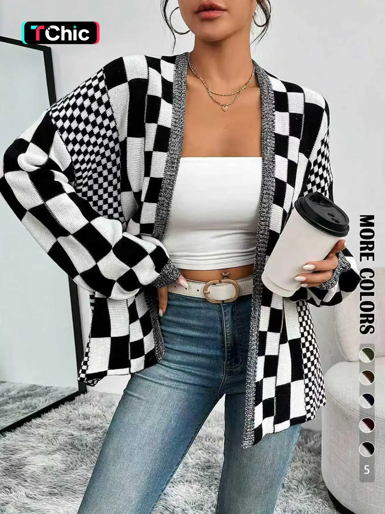Women's Plaid Patchwork Colorblock Sweater Coat, Fall Winter Warm Fashion Casual Style Loose Knit Shawl Cardigan Top