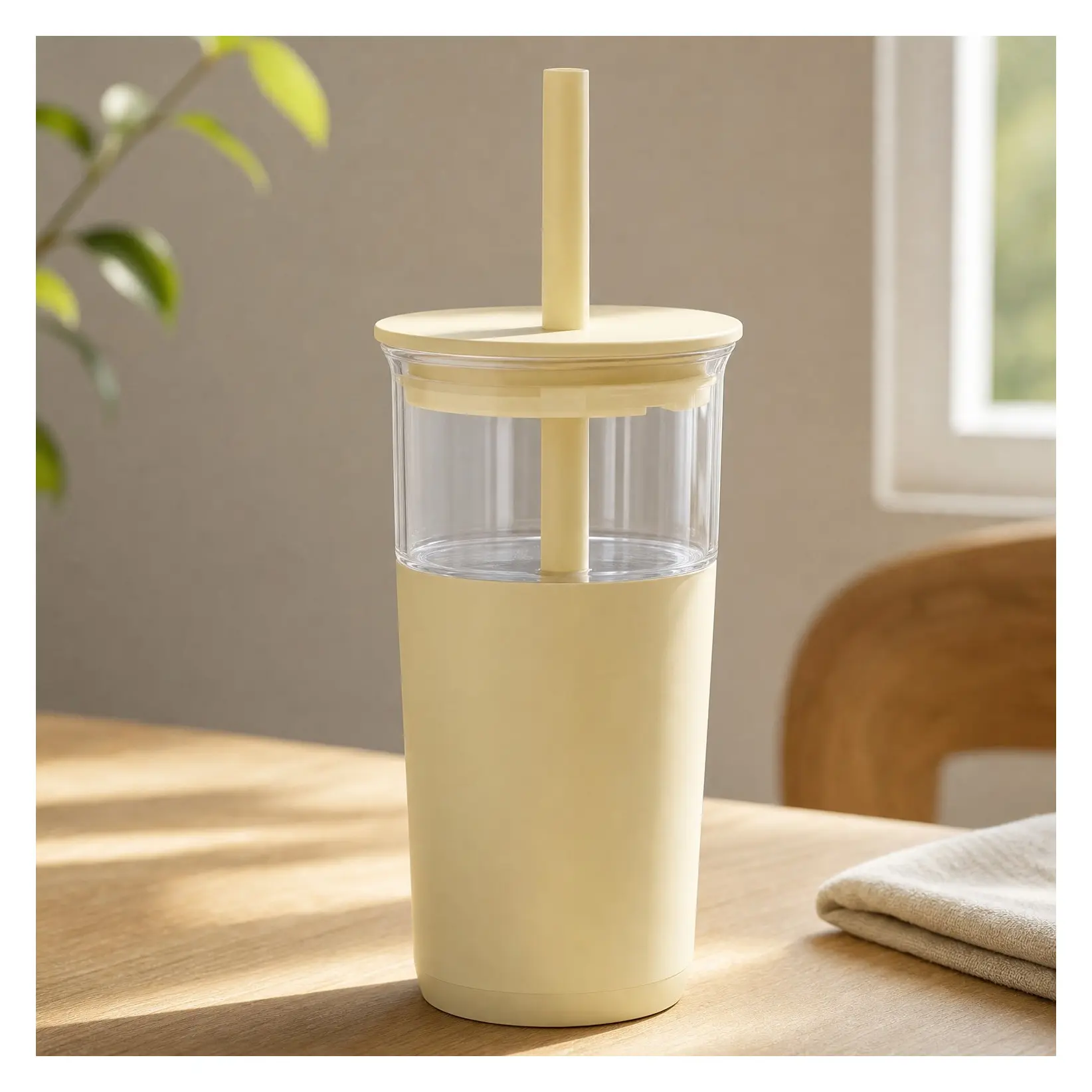 20 oz Vacuum Insulated Glass Tumbler with Lid and Extra Wide Straw - Keeps Drinks Cold for 12 Hours - Ideal for Iced Coffee, Smoothies & Boba - Dishwasher Safe, Soft Base - French VanillaGift