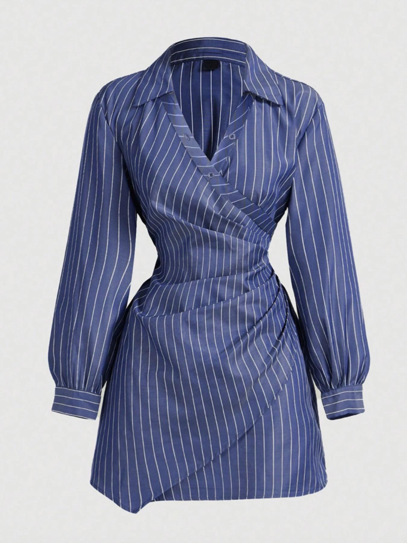 Women's Plaid Print V-Neck Lantern Sleeve Ruched Fitted Mini Dress, Suitable For Work, School, Casual Wear, Fall Clothes For Women,Shirt Dress,Brown Plaid,Office Outfit,Long Sleeves,Fitted Waist Stripe Print Dress，Irregular dress, Striped