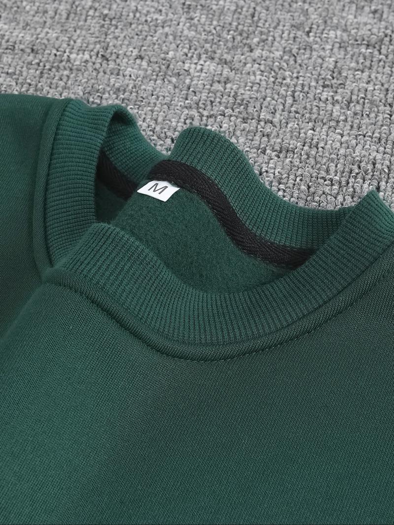 Men's Hot Selling Letter Number Print Fleece Pullover Sweatshirt, Casual Fall & Winter Round Neck Top, Thick Fabric, Fitted Style