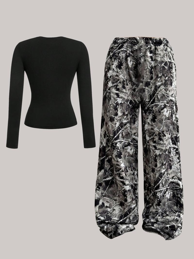 Women's Plain  Top & Camo Print Wide Leg Pants Two-piece Set, Casual Fashion Cozy Round Neck Long Sleeve Top & Trousers for Daily Outdoor Wear, Ladies Clothes for All Seasons