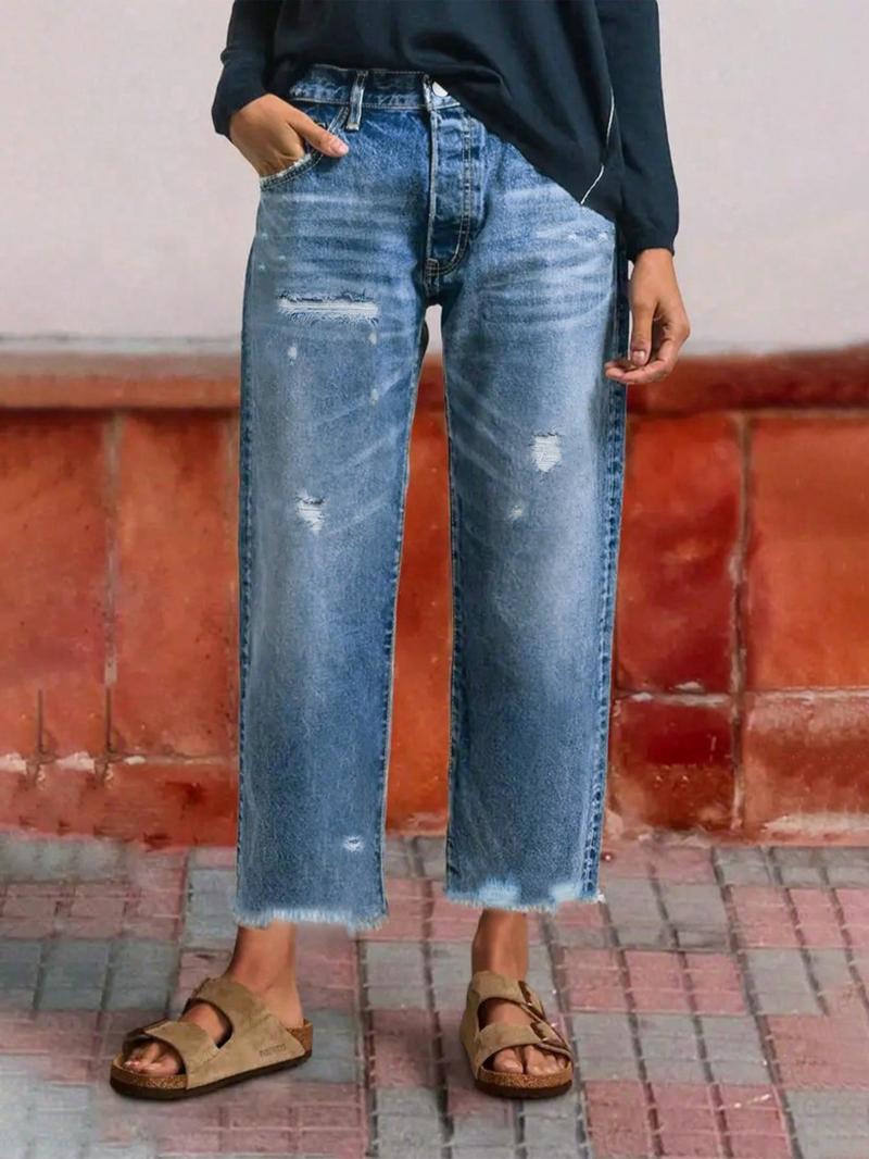 Women's Washable Elastic Fabric Frayed Hem Ripped Loose Straight Denim Capri Pants, Casual Summer, All-Season Wear