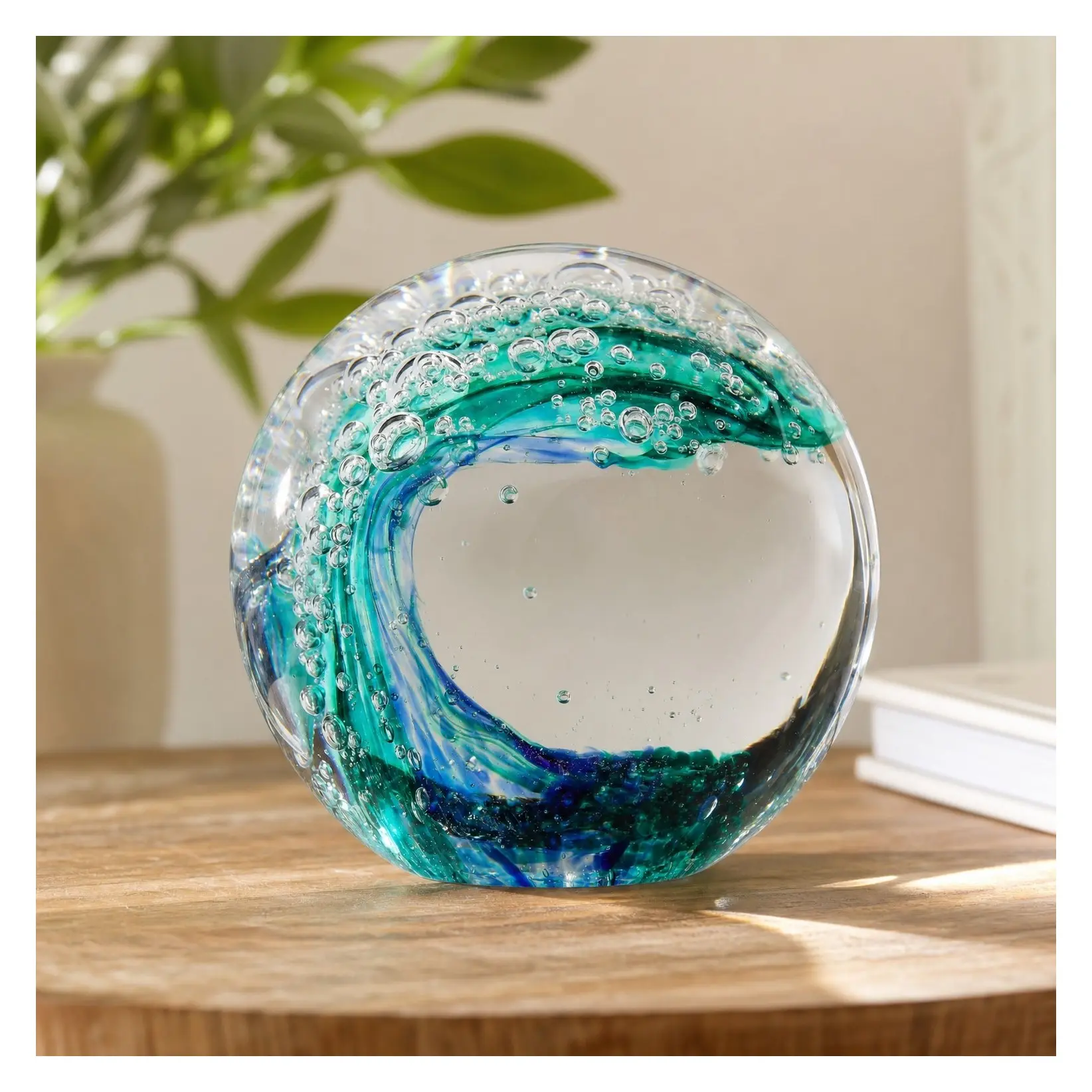 Ocean Waves Hand Blown Glass Crystal Ball Sea Figurines Gifts | Glass Art Paperweight Collectible Sphere Nautical Beach Home Decor Decorative Globes for Ocean LoversGift