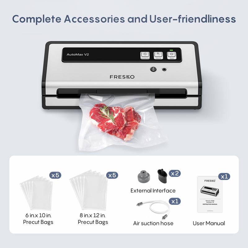 FRESKO AutoMax V2 Compact Vacuum Sealer Machine, Automatic Food Saver with Double Heat Seal, Includes Bags & Starter Kit FRESKO AutoMax V2 Compact Vacuum Sealer Machine, Automatic Food Saver with Double Heat Seal, Includes Bags & Starter Kit