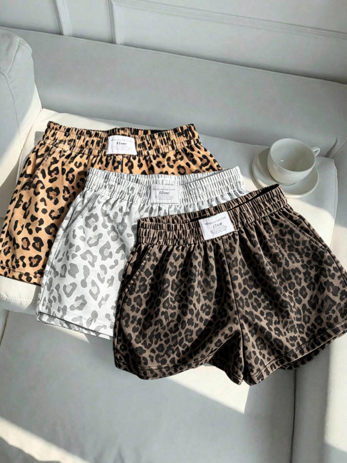 3-Pack Vintage Leopard Print Elastic Waist Casual Shorts for Women, Letter Waist Label Design, Y2K Style Sporty Outerwear Slimming Shorts