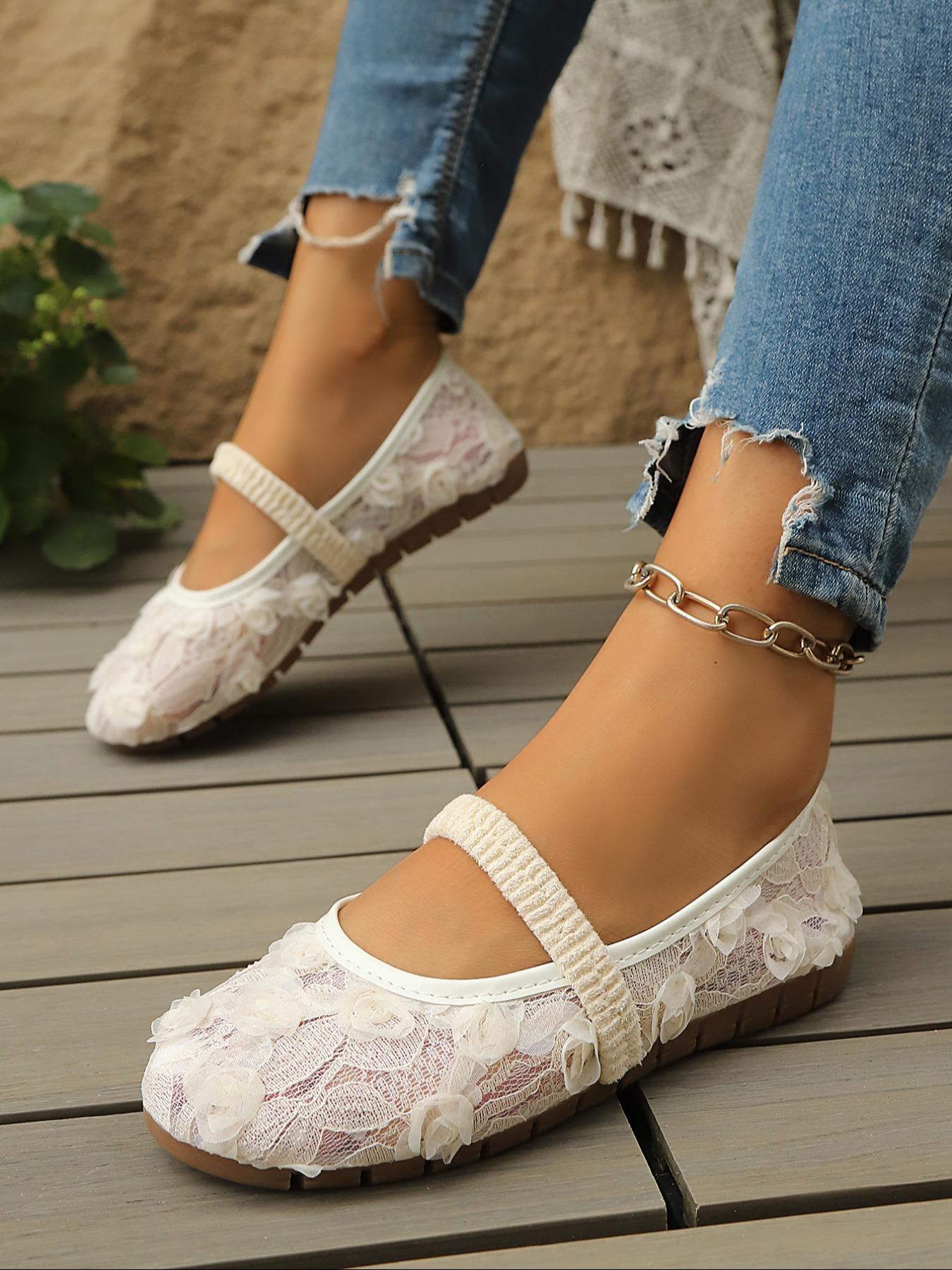 3D Floral Lace Mary Jane Single Shoe, Strap Breathable Mesh Flat Fairy Shoe, Casual Formal Shoes, All Seasons, Rubber Sole