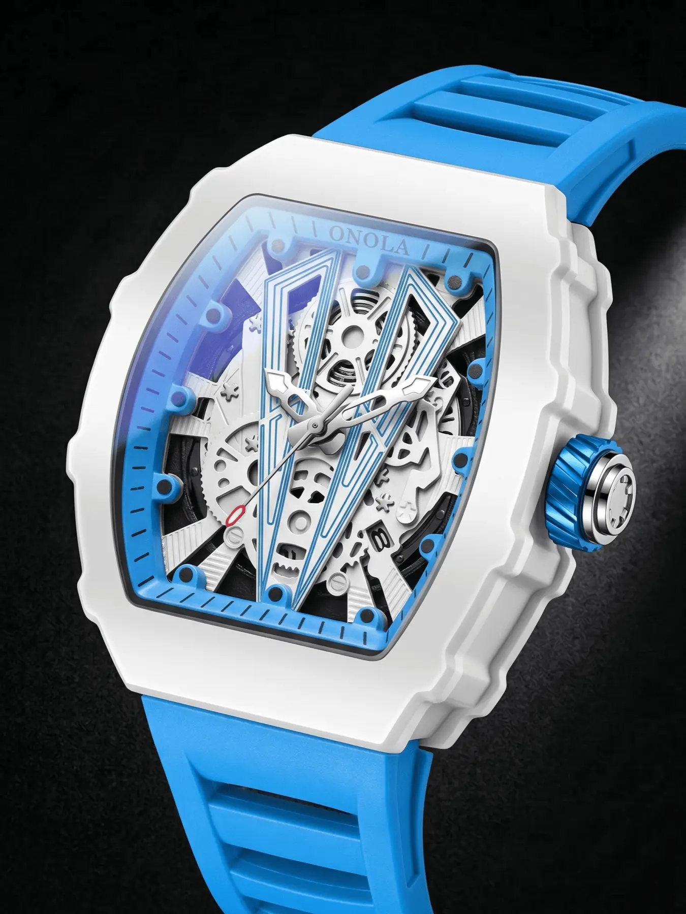 ONOLA Men Quartz Watch, Luxury Business Wristwatch, Barrel Hollow Skeleton Dial Casual Watch, Soft Silicone Strap Fashion Timepiece, Trendy Stylish Men Watch For Daily Street Business Daily Wear