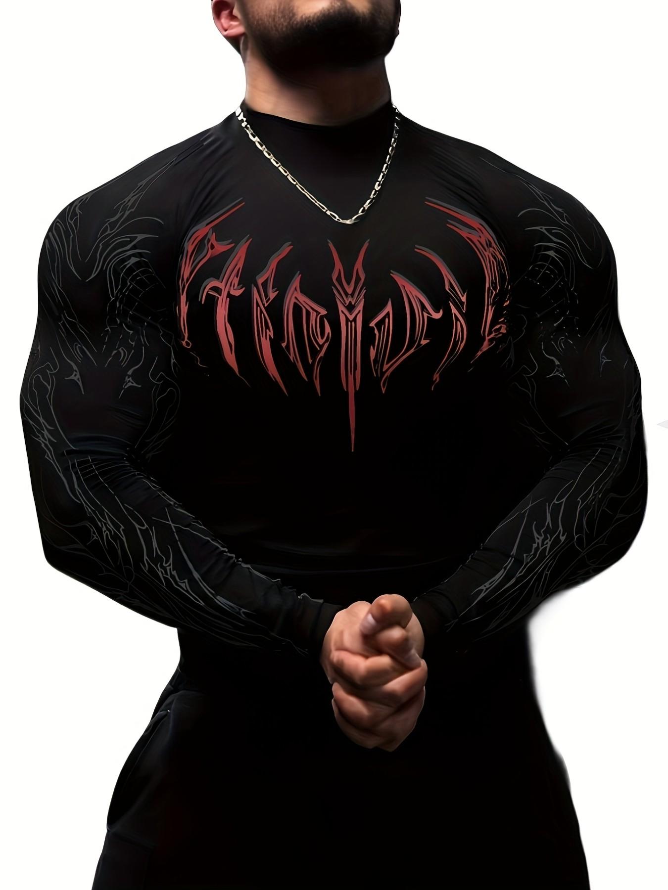 Men'S Gym Wear Compression Long Sleeve Shirt - High Neck Muscle Fitness Tee with Geometric Print, Contrast Design, Stretchy & Slim Fit for Gym, Running, Sports Apparel, Athletic Compression Shirts | Athletic Shirt