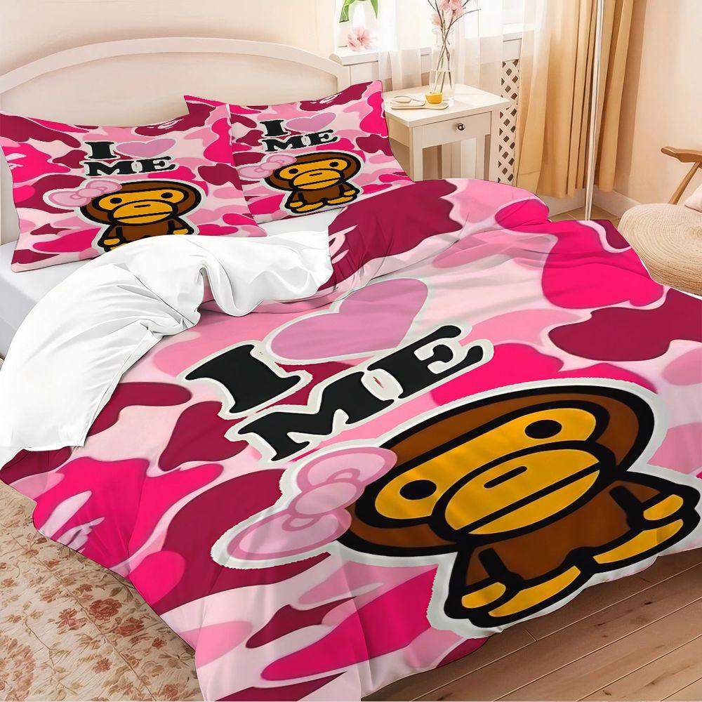 2/3Pcs Playful Pink Camouflage Duvet Cover Set, Decorative Duvet Cover, I Love ME Monkey Cartoon Bedding Set, Vibrant and Cozy Bedroom Decor, Perfect for Self-Love Vibe in Every Girl's Room!Includes 1 or 2 Pillowcase - No filling/Zipper Closure
