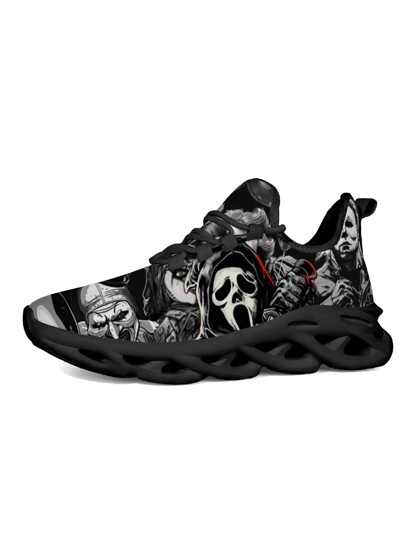 Halloween Dark Horror Mask Character Art Blade Sneakers Man Woman Hollow Wave Cushion Sole Mesh Running Shoes Monochrome Thriller Figure Collage Print Gothic Halloween Punk Casual Athletic Trainers For Men Women